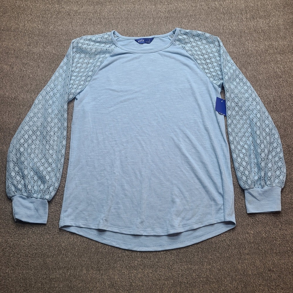 Apt 9 Lace Sleeve Top Womens Medium Blue NEW Crochet Raglan Slub Knit Blouse